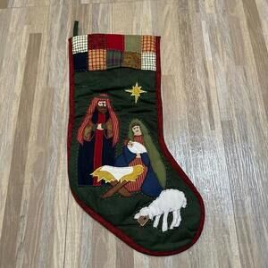 Vintage Patchwork Christmas Stocking with Nativity Scene